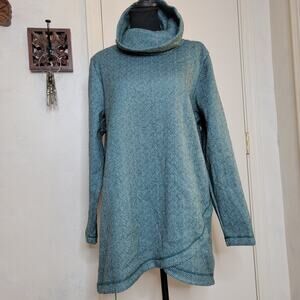 Lands End Cowl Funnel Neck Green Herringbone Fleece Pullover Tunic Sweater✨️L